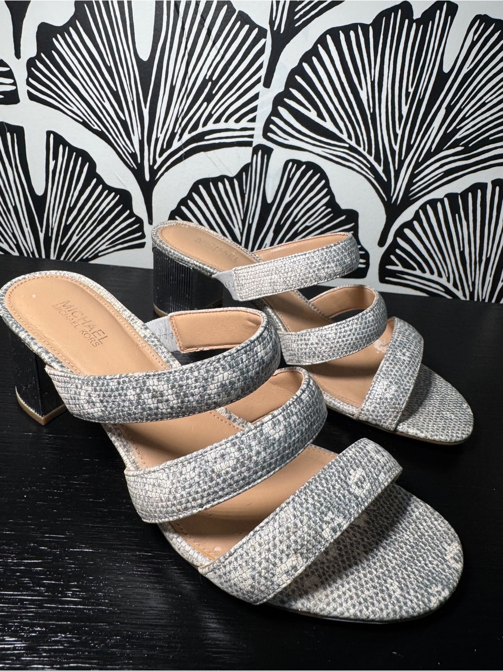 Michael Kors Silver-Gray Textured Three-Strap Block Heel Sandals